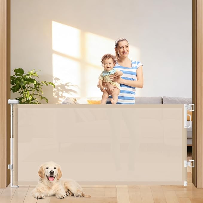 78" Retractable Extra Wide Baby Gates for Doorways, Long Mesh Dog Gate for Large Openings, Indoor Outdoor Pet Gate for Deck Porch Kitchens Hallways, 34" Height, Beige
