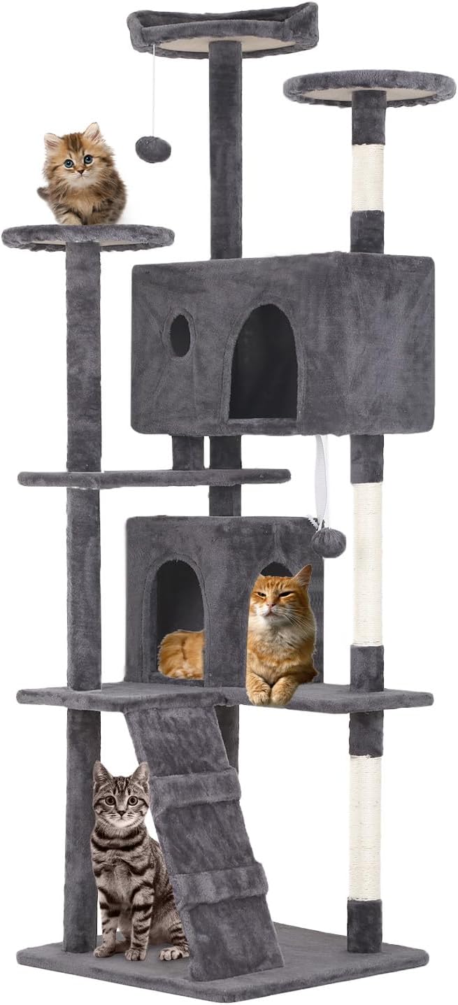 FDW | 70" Cat Tree Tower | Light Gray | Multi-Level Indoor Activity Center with Sisal Scratching Posts, Condos, Plush Perches, Hanging Cat Toys | Sturdy, Easy to Assemble | for Kittens & Adult Cats