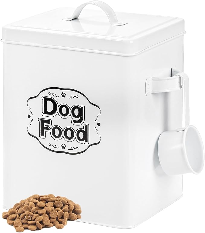 5-7 Lbs(25 Cup) Metal Dog Food Storage Container with Lid and Scoop, Airtight Dog Treat Container, Farmhouse Pet Food Storage Container, Cute Dog Food Canister, Gift for Dogs and Owners, White