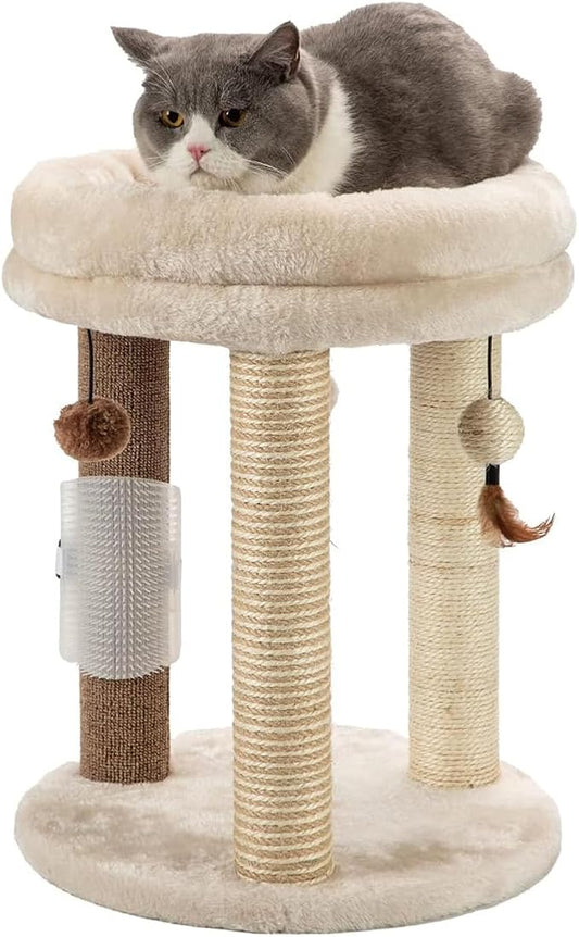 MECOOL 4in1 Small Cat Tree,Scratching Post with Tower Soft Bed, Sisal Carpet Jute Posts with Three Hanging Ball Toys and Massage Brush for Indoor Cats and Kittens
