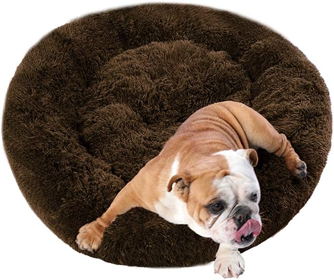 Faux Fur Dog Bed, Shag Round Anti-Anxiety Pet Calming Doughnut Cuddler for Medium Large Puppy Dog Cat Kennel Cushion Self Warming Bed (28'' D x 8'' H, Chocolate)