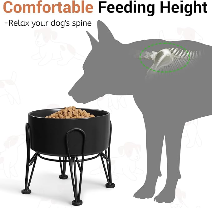 Elevated Dog Bowls, Ceramic Raised Dog Bowl Set with Anti-Slip and Non-Tip Metal Stand, 2 Pack Pet Food and Water Feeding Bowls for Small and Medium Dogs (Black,3.6 Cups)