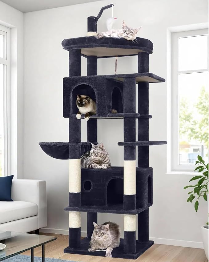 Globlazer F74B Cat Tree for Indoor Cats Large Adult, Multi-Cat, Dark Grey | Easy Setup, 74in Tall Tower, Oversized Top Perch, 2 Large Condos, Hanging Basket, 5 Sisal Scratching Posts, Anti-Topple Strap