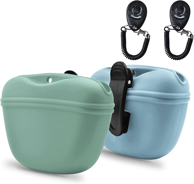 AUDWUD Silicone Dog Treat Pouch with Clicker Magnetic Closure Secure Clip | Upgraded clip keeps your treat pouch secure during training.Magnetic closure allows fast one hand access.Includes dog click