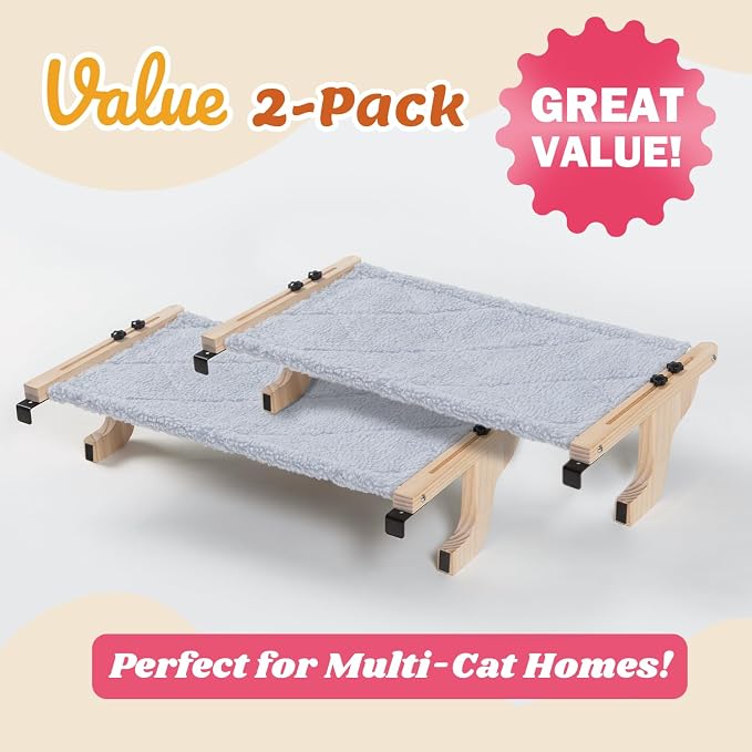 Zakkart 2-PC Easy Seat Cat Perch for Windowsill (Natural Wood/Gray, L) | Value 2-PC for Multi-Cat Home, Hook-On Windowsill Mount, Premium Wood & Robust Metal Frame, Hold up to 40 lbs, 26"W x 14"D