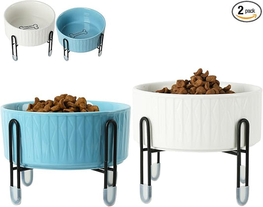 32 OZ Ceramic Dog Bowls with Metal Stand, 6.5 Inch Elevated Cat Bowl Set | Raised Pet Food Water Dish, 2 Heights, for Cats & Dogs, Prevent Neck Fatigue, Light Green