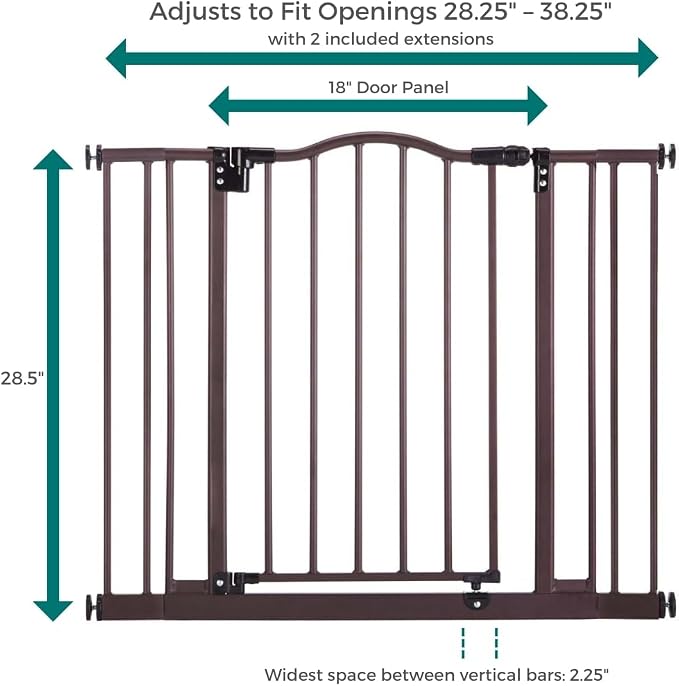 MyPet Windsor Arch Hold-Open & Auto-Close Pressure-Mount Pet Gate: Heavy-Duty Steel Gate 28.5in Tall Comes with Two 5in Extensions from 28in to 38in Wide in Matte Bronze