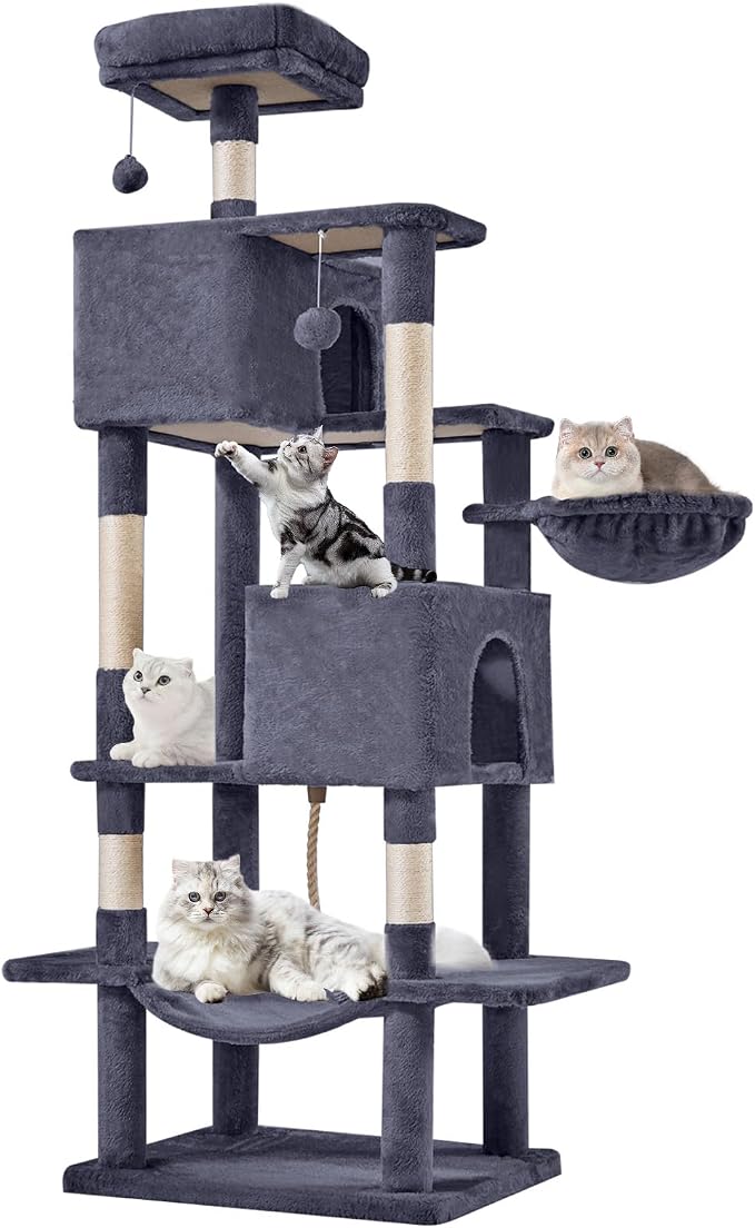 DUMOS 66 Inch Large Cat Tree Tower with Scratching Posts, Indoor Use | Tall Multi Level Cat Climbing Tower with Hammock, Pet Condo for Cats and Kittens Play, Dark Grey