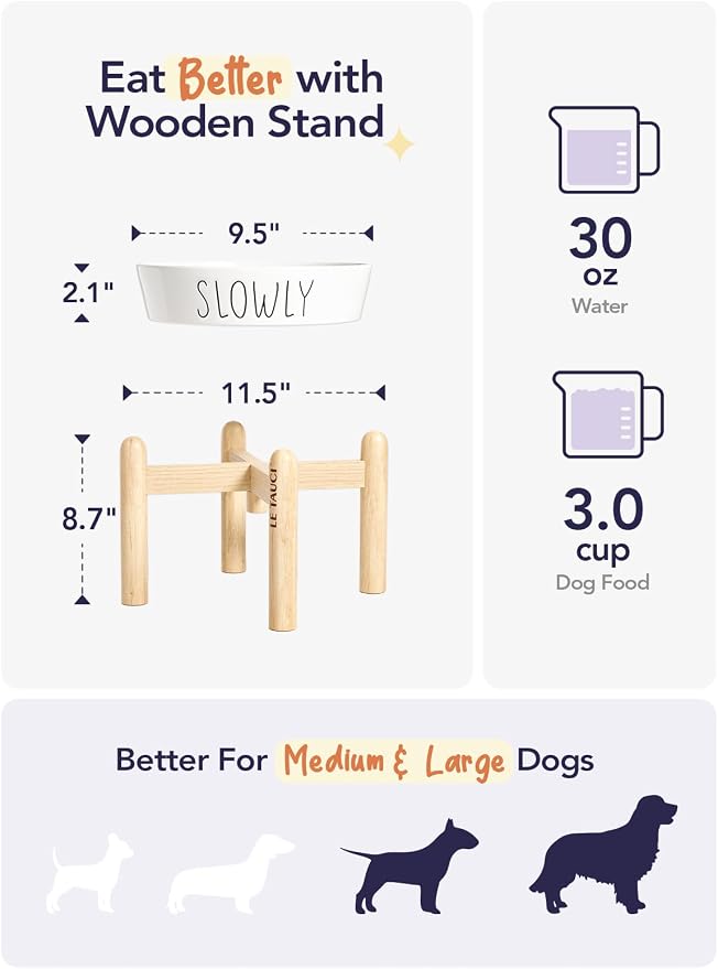 LE TAUCI PET Ceramic Slow Feeder Dog Bowls Elevated, 3 Cups Raised Dog Bowl with Wooden Stand for Medium Large Breed to Slow Down Eating, Puzzle Food Bowl,White