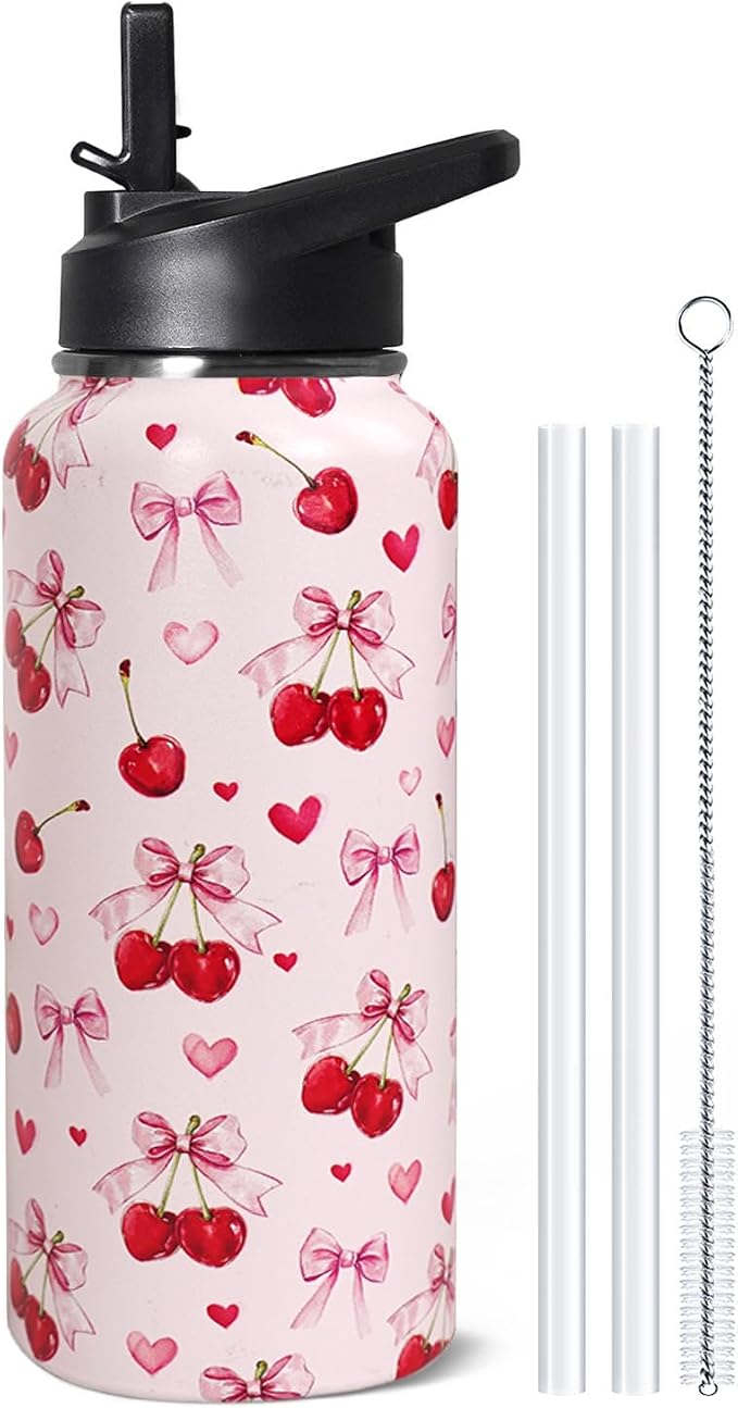 32oz Pink Cherry Insulated Aater Water Bottle with Straw Gym Hiking Sports Coffee Mug Cup Water Bottles,Cherry Gifts for Wome Decor Stuff Accessories
