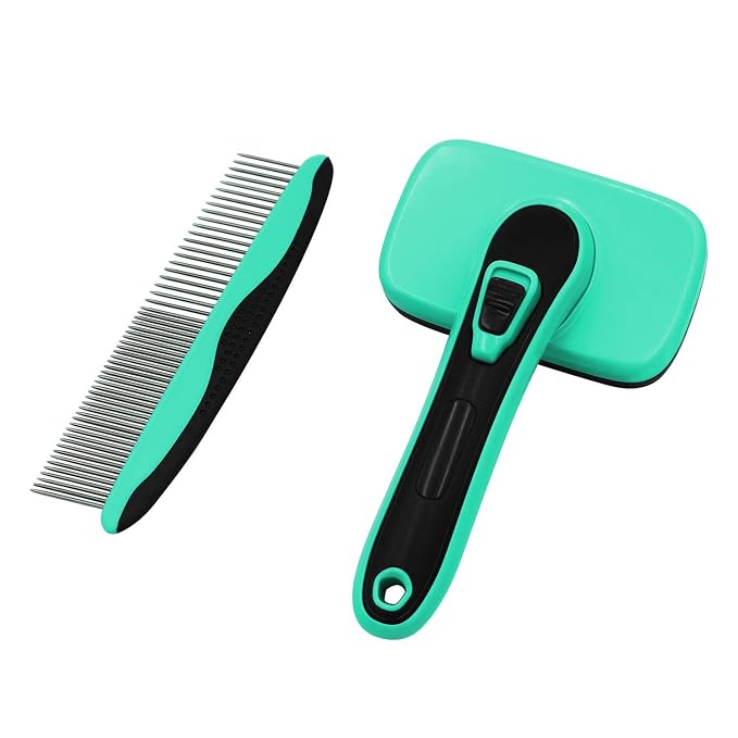 pain free bristle Self Cleaning Slicker Brush + FREE 7.5" Steel Comb for Small, Medium，Large dogs and cats,Easy to Clean Shedding Removes Mats Tangles and Loose Hair