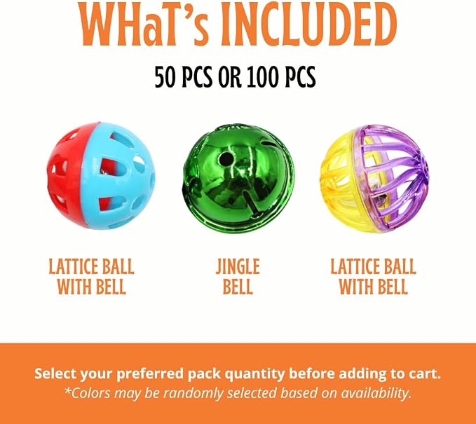 50-Pack Cat Toy Balls with Bells 1.6” Plastic Lattice Jingle Balls for Indoor Cats and Kittens Colorful Interactive Chasing and Batting Toys for Active Play
