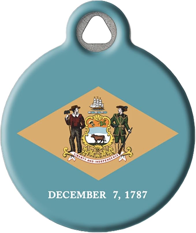 Delaware Flag Personalized Pet ID Tag for Dogs and Cats, Silent Polymer Coated Stainless Steel Delawarean Flag Nametag with Customized Identification Information - Small .875" Diameter