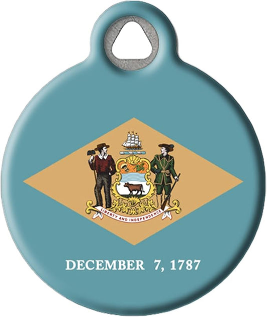 Delaware Flag Personalized Pet ID Tag for Dogs and Cats, Silent Polymer Coated Stainless Steel Delawarean Flag Nametag with Customized Identification Information - Large 1.25" Diameter