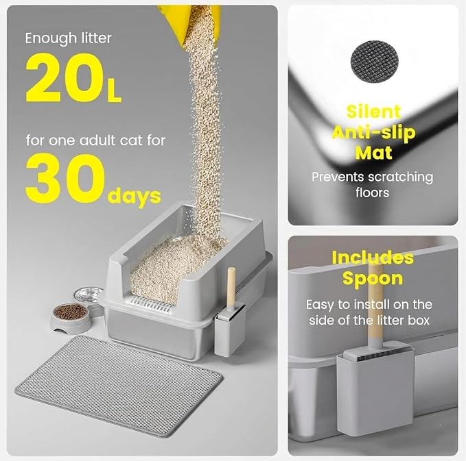 Stainless Steel Cat Litter Box - Enclosed XL Metal Kitty Litter Box with Lid for Big Cats, High Sided, Anti-Leakage, Easy Cleaning, Non-Sticky, Included Litter Mat, Cat Bowl & Spoon
