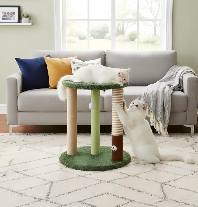 WOOCHPET 17" Small Cat Tree with Grass Base, 3 Sisal Scratching Posts & Top Perch, Cute Green Kitten Tower Platform, Small Cat Scratcher for Indoor Cats