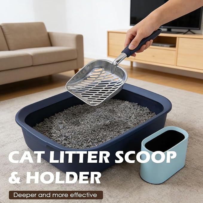 Aluminum Cat Litter Scoop in Holder, Non-Stick Cat Poop Scooper with Holder, Fast Sifting Kitten Poop Lifter and Caddy | Aluminum Cat Litter Scoop in Holder