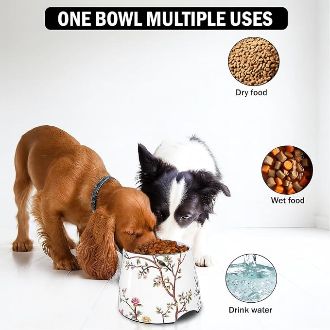 Ceramic Dog Bowl 7 inch Height for (30-55lbs) Medium Size Dogs Includes Food-Grade 304 Stainless Steel Bowls Non-Slip 3.8 Cups(860ml) Bowl Feeder in an Artful and Design (White)