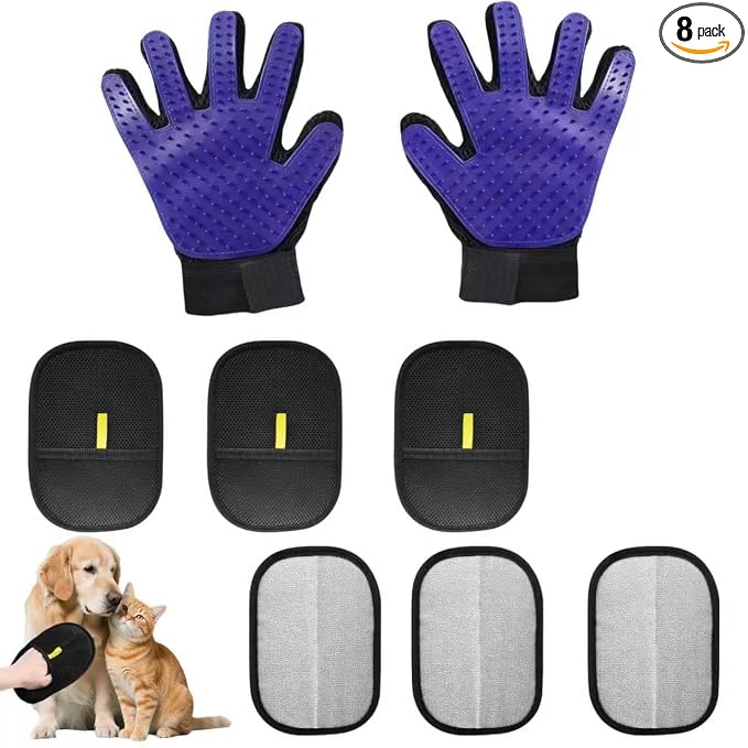 8 Pcs Pet Grooming Gloves for Shedding, Blue | 6x Reusable Cat & Dog Hair Removal Gloves, 1 Pair 2-in-1 Deshedding Brush & Massage Mitt, Safe for Dogs & Cats, Efficient