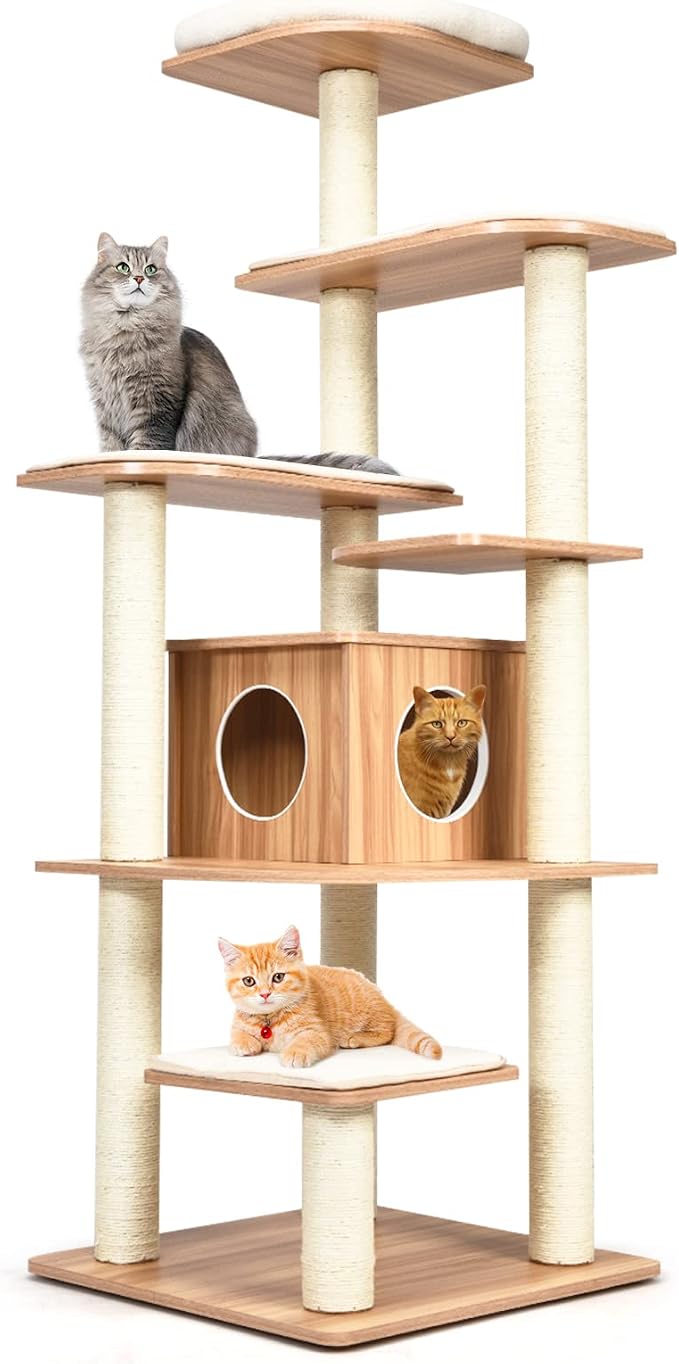 69 Inches Tall Cat Tree, Modern Wooden Cat Tower with Sisal Scratching Posts, Double-Entry Cat Condo, Multiple Jumping Platforms with Removable Soft Pads, Ideal for Indoor Cats Large Adult
