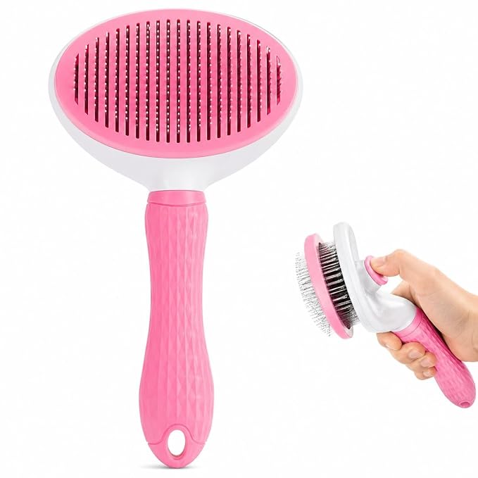 Pet Grooming Deshedding Brush, Self-Cleaning Massaging Brush for Dogs and Cats, Short and Long Hair (Pink)