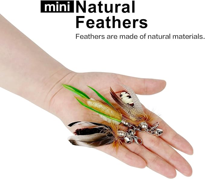 TTcat 3 Pack Mini Natural Feather Cat Wand Refills, Small Detachable Clip-on Feather Replacement Attachments with Bells, Universal Lobster Clasp Cat Teaser Refills, Hunting Prey Toy for Indoor Cats.