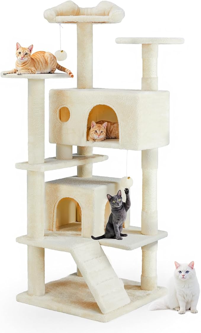 54 Inch Cat Tree Tower with Natural Sisal Scratching Post | Multi-Level Cat Climbing Tower with Hammock, Pet Condo for Indoor Cats and Kittens, Beige