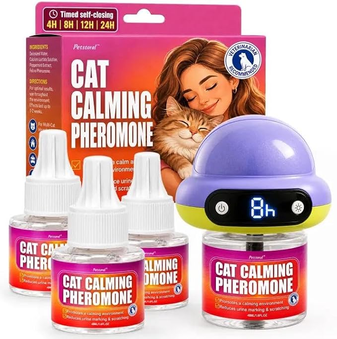 Cat Calming Pheromone Diffuser with 3 Refills, Smart Cat Calming Diffuser with 4/8/12/24-Hour Timer, Daily Auto-On, Helps Reduce Anxiety, Spraying & Scratching