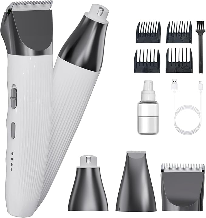 3-in-1Dog Hair Clippers Grooming Kit with Paw Trimmer- Rechargeable Cordless Quiet Nail Grinder Shaver with 4 Guide Combs for Grooming Small Medium Pets on Body,Paws, Face, Ears (White)