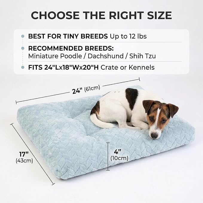 24 Inch Dog Crate Bed for Small Dogs, Washable Dog Crate Pad for Dog Cages, Soft Jacquard Flannel Kennel Mat with Anti-Slip Bottom, Fluffy Crate Mat for Puppies and Small Dogs,Washed Blue