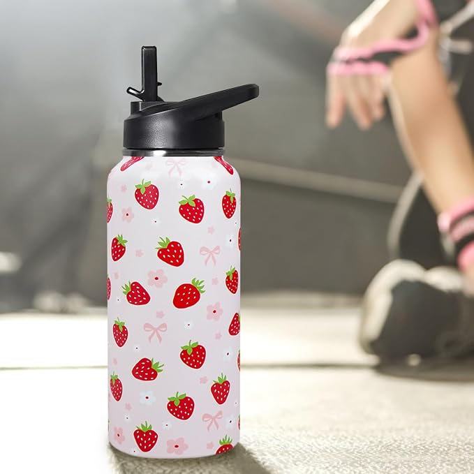 32oz Strawberry Stainless Insulated Aater Water Bottle with Straw,Strawberry Floral Gym Hiking Sports Coffee Mug Cup Water Bottles,Strawberry Themed Gifts for Women,Strawberry Decor Stuff Accessories