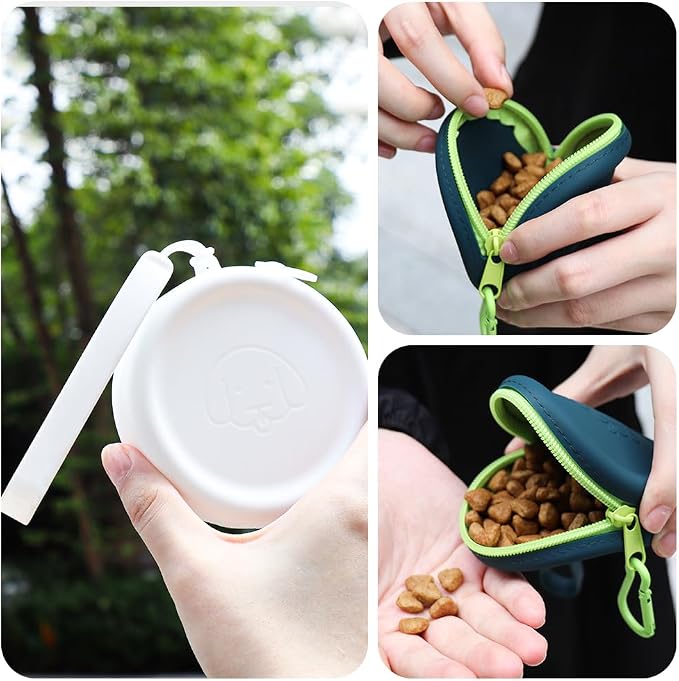 Silicone Dog Treat Pouch Small Bag,2PCS Pet Walking Bag for Dog and Cat,Pocket Size,Easy to Clean,Odorless,Zipper Design,Moisture-Proof,Travel Walking Bag,Portable Training Bag(Drak Green&White)