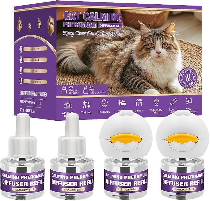 Cat Calming Diffuser Kit with 2 Diffusers and 4 Refills, Helps Reduce Stress, Scratching, Spraying and Hiding, Long Lasting Pheromone Solution