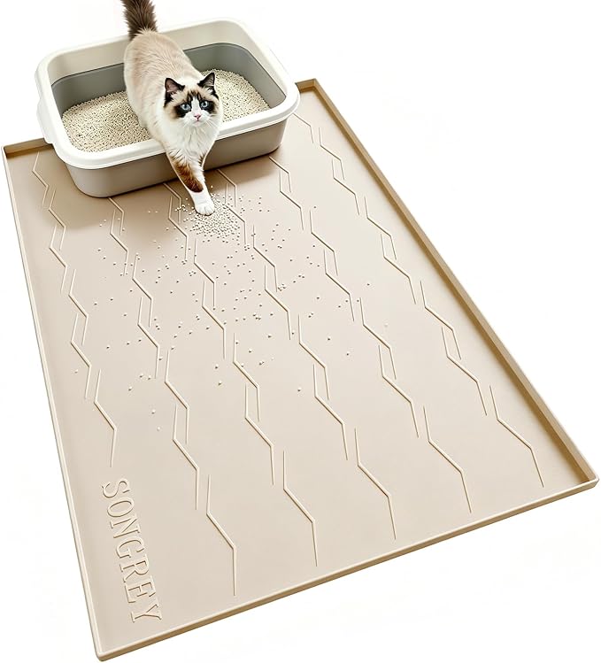 Songrey Silicone Cat Litter Mat 34" x 22", Large Litter Trapping Mat, Beige | Waterproof, Urine-Proof Litter Box Mat for Floor, Soft on Kitty Paws, Easy To Clean, Cat Supplies, Pet Feeding Mat