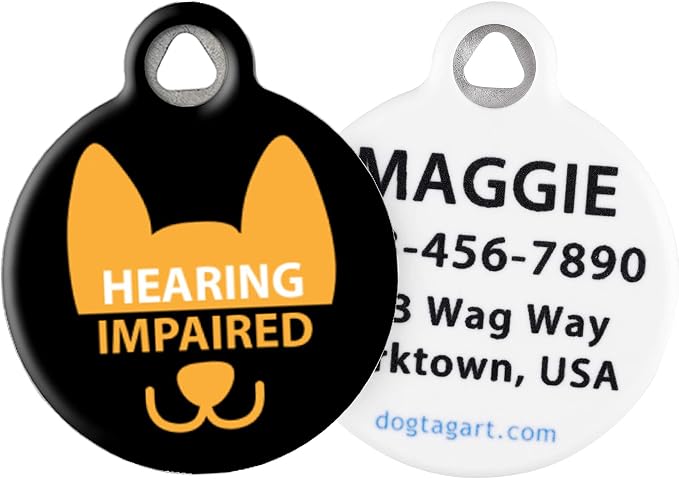 Hearing Impaired Medical Alert Personalized Pet ID Tag for Dogs, Silent Polymer Coated Stainless Steel Nametag with Customized Identification Information - Large 1.25" Diameter