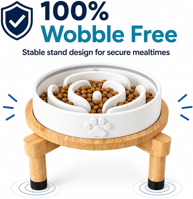 Slow Feeder Dog Bowls – Elevated Dog Bowl Slow Feeder with Bamboo Stand– Microwaveable Dog Slow Feeder for Small and Medium Dogs – Lead and BPA-Free Ceramic Pet Bowl – Pet Feeder for Fast Eaters