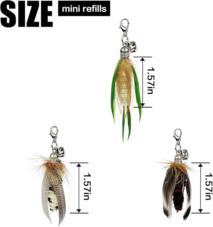 TTcat 3 Pack Mini Natural Feather Cat Wand Refills, Small Detachable Clip-on Feather Replacement Attachments with Bells, Universal Lobster Clasp Cat Teaser Refills, Hunting Prey Toy for Indoor Cats.