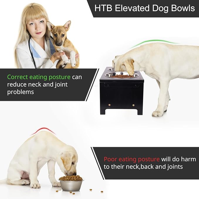 HTB Elevated Dog Bowl Stand with 2 Stainless Steel Bowls-7" H Medium Black | Raised Dog Bowl Stand, 7"tall, 29 Oz Bowls, for Medium Sized Dogs, Pet-safe, Solid Bamboo