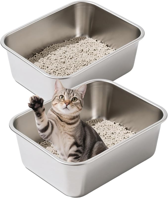 2 Pack Stainless Steel Cat Litter Box Large Metal Litter Pan Tray High Sided Cat Box, Pet Toilet Supplies for Indoor Cats Kitten Rabbit - Non Stick, No Smell, Easy to Clean - 17.72x13.78x5.91 Inch