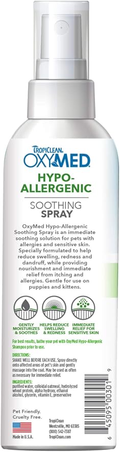 TropiClean Oxymed Hypoallergenic Cat & Dog Itch Relief Spray, 8oz