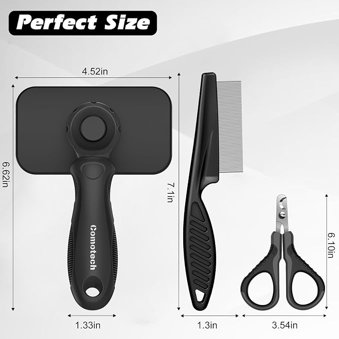 3PCS Cat Grooming Supplies, Cat Brush & Nail Clipper/Trimmer & Flea Comb for Shedding Indoor Cats Essentials Stuff Accessories (Black)