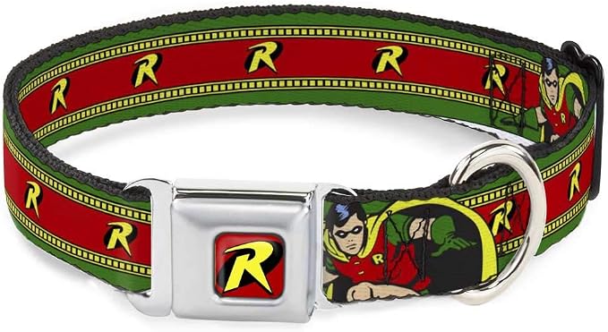 DC Comics Pet Collar, Dog Collar Metal Seatbelt Buckle, Robin Action Pose Logo Stripe Green Yellow Red Black, 15 to 24 Inches 1.0 Inch Wide