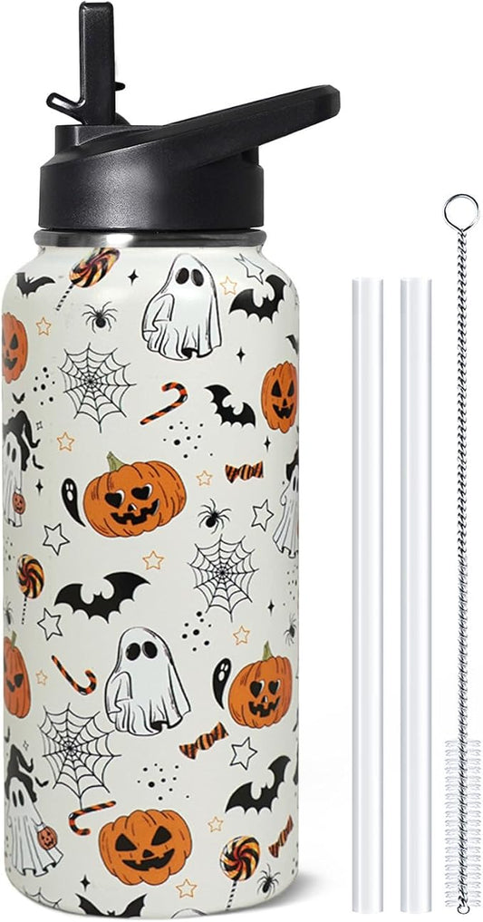 32oz Halloween Boo Pumpkin Insulated Aater Water Bottle with Straw Gym Hiking Sports Coffee Mug Cup Water Bottles,Halloween Gifts for Women,Halloween Decor Stuff Accessories