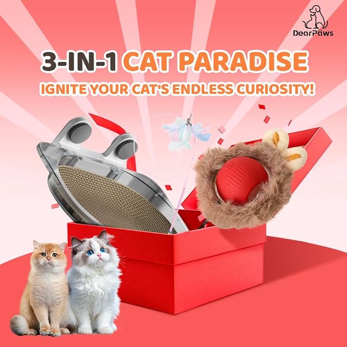 3-in-1 Cat Toy and Cat Window Perch, Window-Mounted Hammock with Scratching Board, Interactive Teaser Wand, Smart Ball with LED Lights