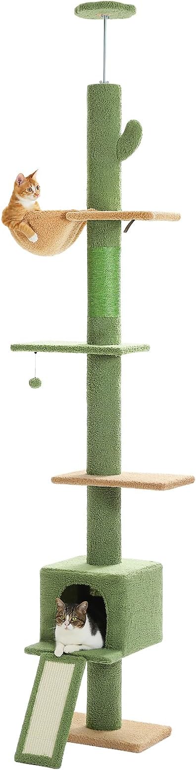 PEQULTI Floor to Ceiling Cat Tree, Adjustable 83-108in 5-Level Tower, Green | Tension-mounted tall cat tower with 5 levels, cozy condo, hammock & sisal scratching post; wide base for indoor adult cats