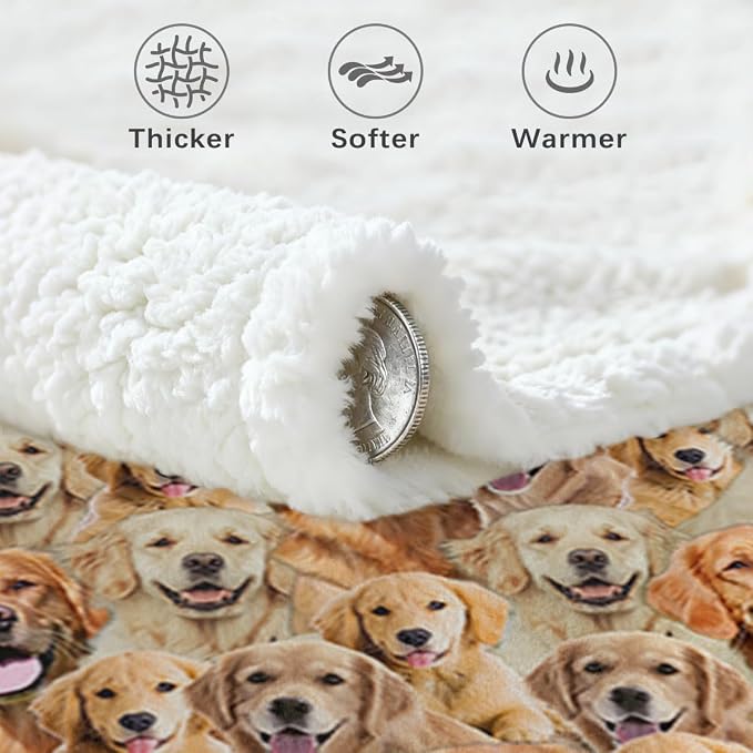 BlessLiving Fuzzy Dogs Blanket for Kids Adults Cute Puppy Fleece Blanket Reversible Animal Pattern Sherpa Throw (Golden Retriever,Twin, 60 x 80 Inches)