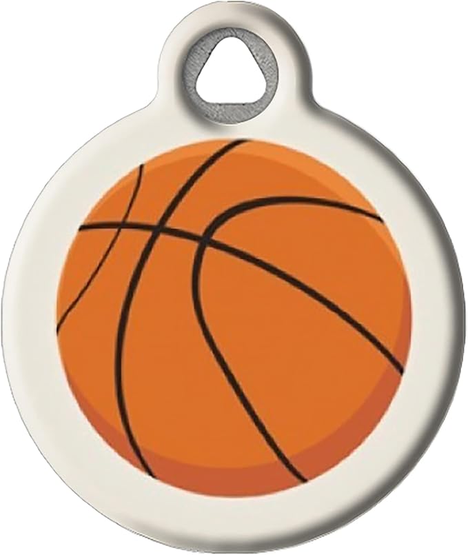 Basketball Personalized Sports Themed Pet ID Tas for Dogs and Cats, Silent Polymer Coated Stainless Steel Nametag with Customized Identification Information - Large 1.25" Diameter