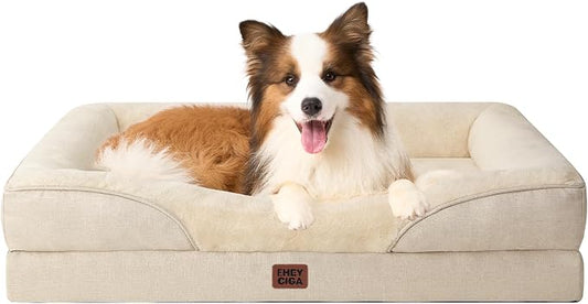 EHEYCIGA Orthopedic Dog Bed for Large Sized Dog, 41x27 Inch Large Memory Foam Dog Couch Bed with Sides, Waterproof Liner & Washable Removable Cover, Bolster Pet Sofa, Beige