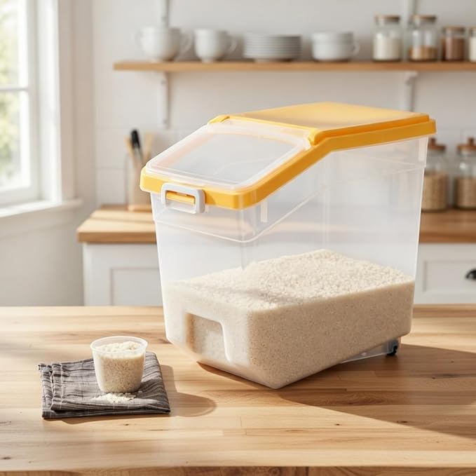 Sunnyray 4 Pcs Rice Storage Container 38 lb Flour Container with Wheels Measuring Cup Clear Pet Food Bin Dog Bird Cat Food Bin Grain Cereal Organizer Box for Dry Baking Supplies(Yellow Lid)