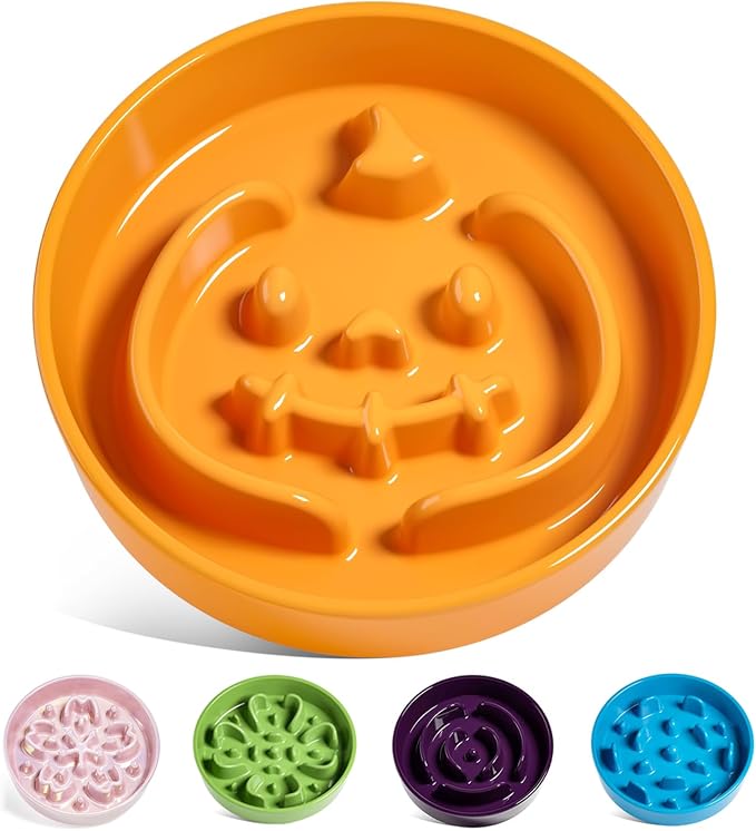 LE TAUCI Ceramic Slow Feeder Dog Bowl for Small Medium Dogs & Puppy, 1.5 Cup Puzzle Food Dish to Slow Down Eating, Pumpkin Orange
